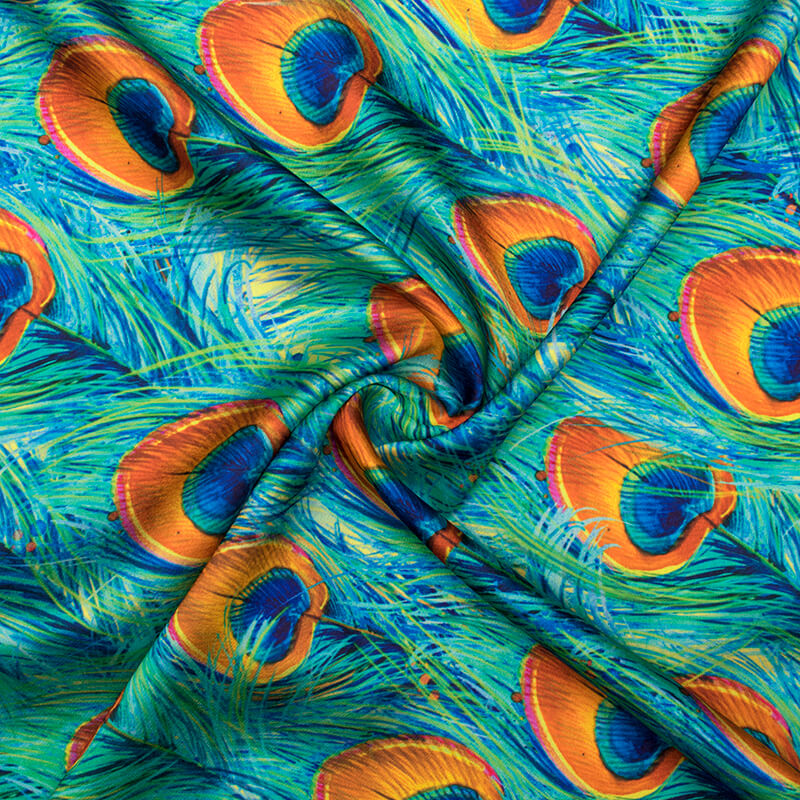 Turquoise And Squash Orange Peacock Feather Pattern Digital Print Japa –  Fabcurate