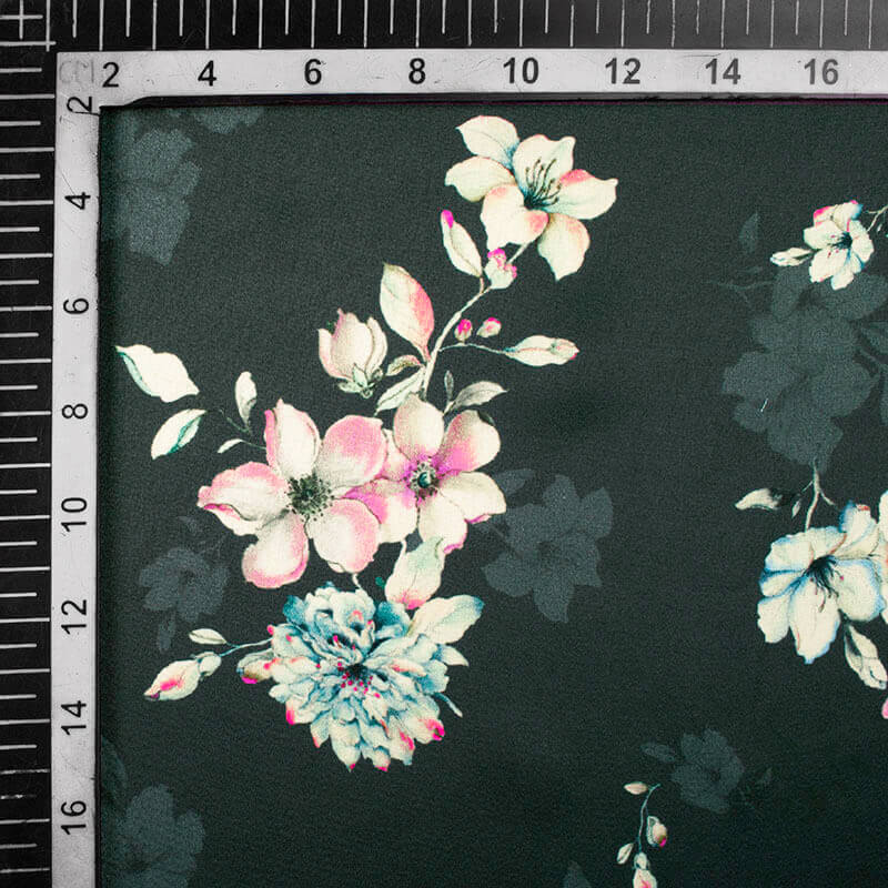 Dark Green And Baby Pink Floral Pattern Digital Print Japan Satin Fabr Fabcurate