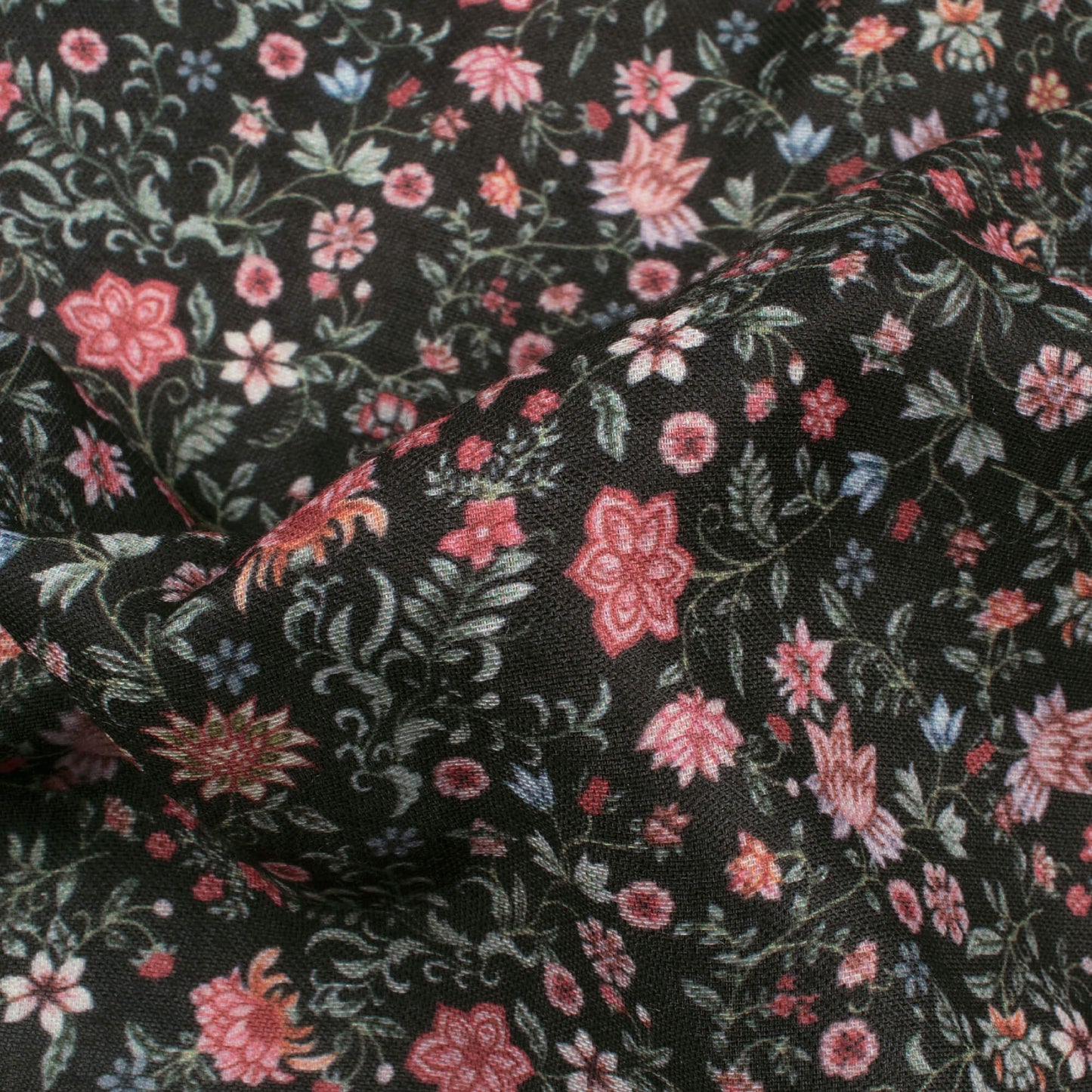 Black And Rose Pink Floral Pattern Digital Print Rayon Satin Fabric ...