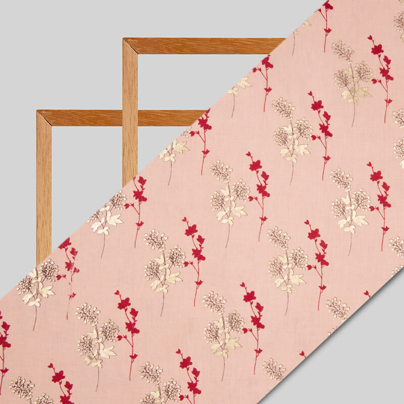 Peach And Golden Floral Pattern Foil Screen Print Cotton By Linen Fabr Fabcurate