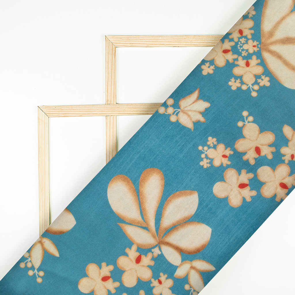 Carolina Blue And Oat Beige Floral Pattern Digital Print Twill Slub Fabric
