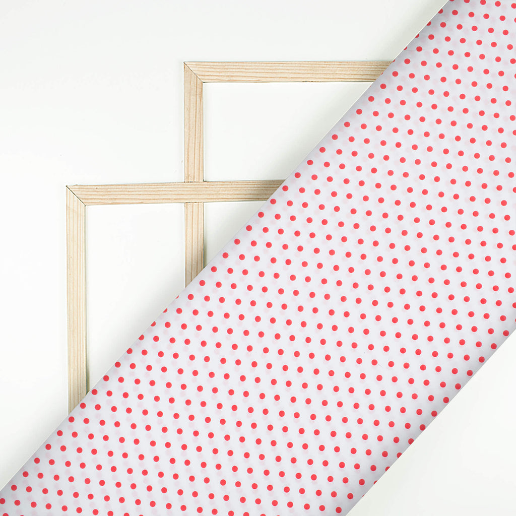 (Cut Piece 1.5 Mtr) White And Red Polka Dots Digital Print Ultra Premium Butter Crepe Fabric