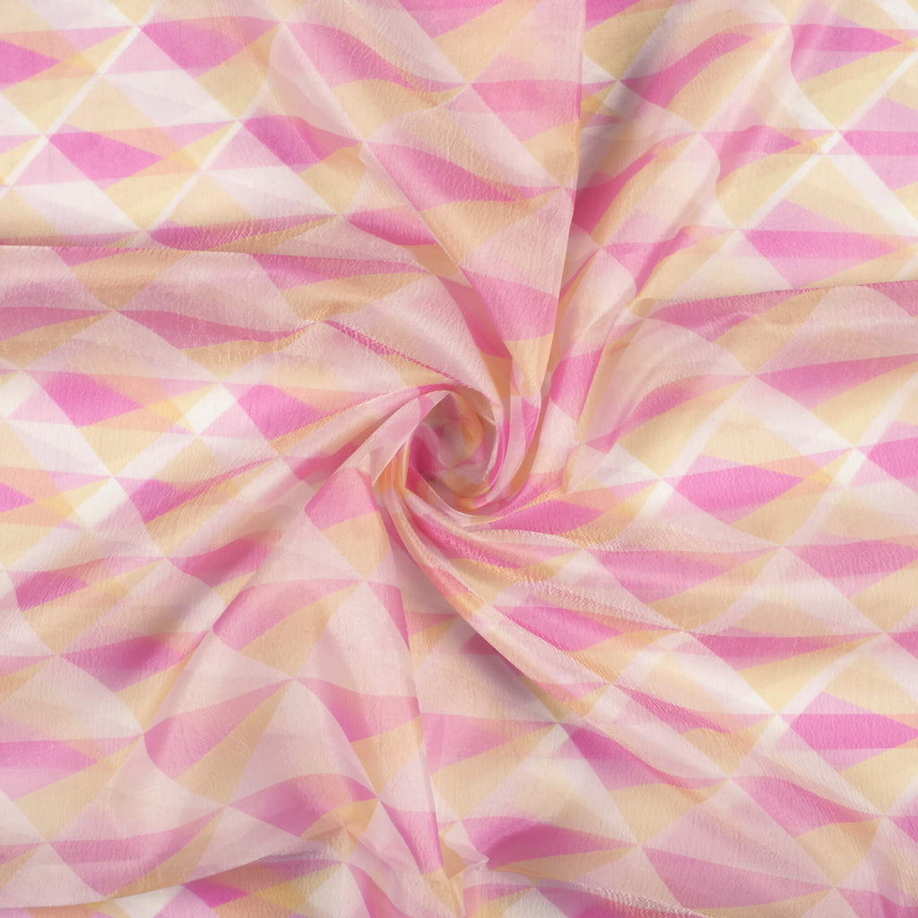 Taffy Pink And Pastel Orange Geometric Pattern Digital Print Premium Liquid Organza Fabric