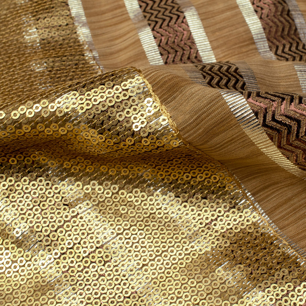 Camel Brown And Golden All Over Premium Sequins Slub Chanderi Fabric With Lurex Borderd - Fabcurate