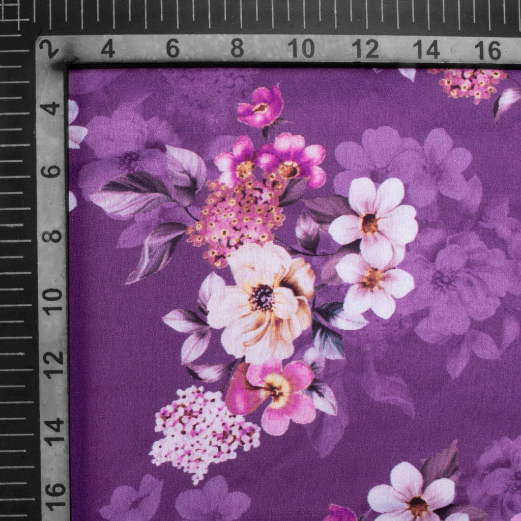 Eggplant Purple And Snow White Floral Pattern Digital Print Japan Satin Fabric - Fabcurate