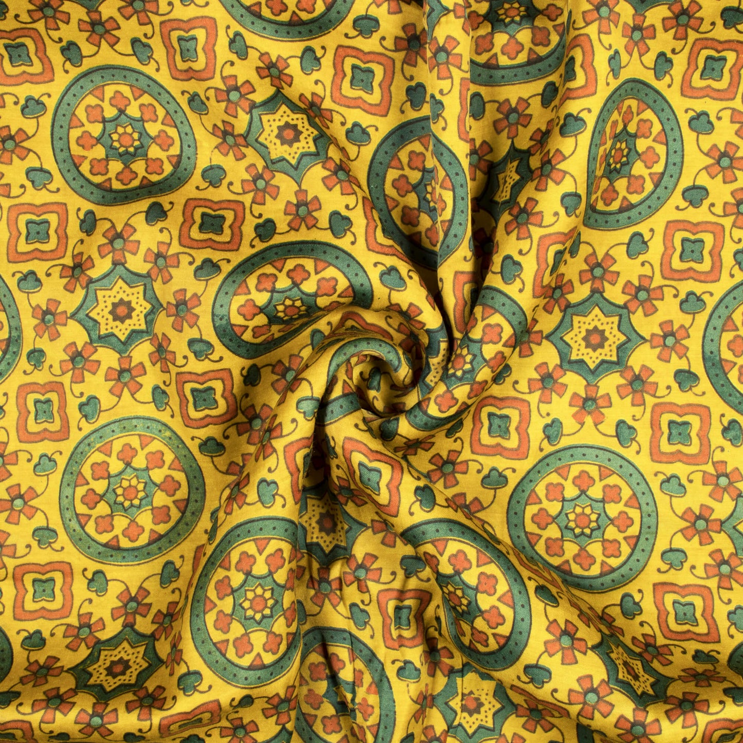 Mustard Yellow And Green Traditional Pattern Ajrakh Screen Print Viscose Modal Satin Fabric - Fabcurate