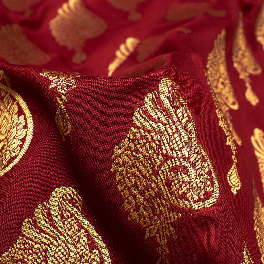Red And Golden Ethnic Pattern Zari Jacquard Banarasi Silk Fabric