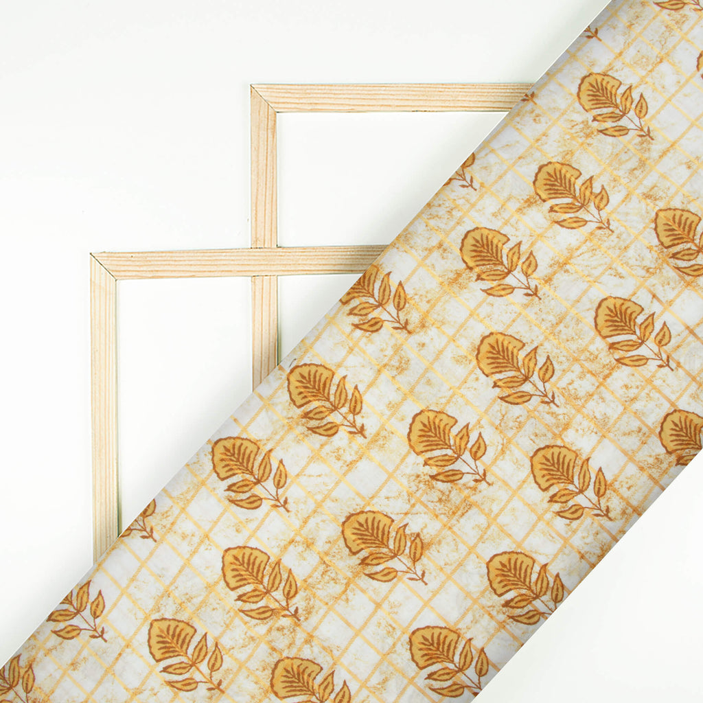 Mellow Yellow And White Floral Pattern Screen Print Golden Checks Cott Fabcurate