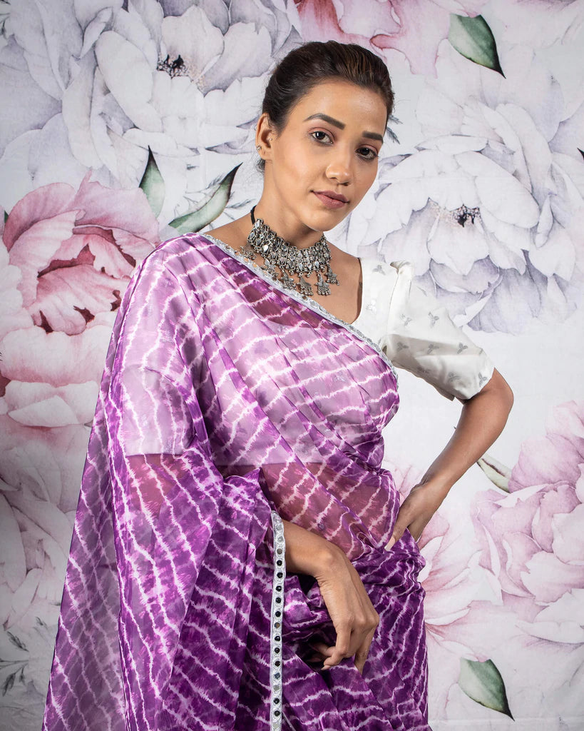 White And Taffy Pink Floral Pattern Liquid Organza Saree With