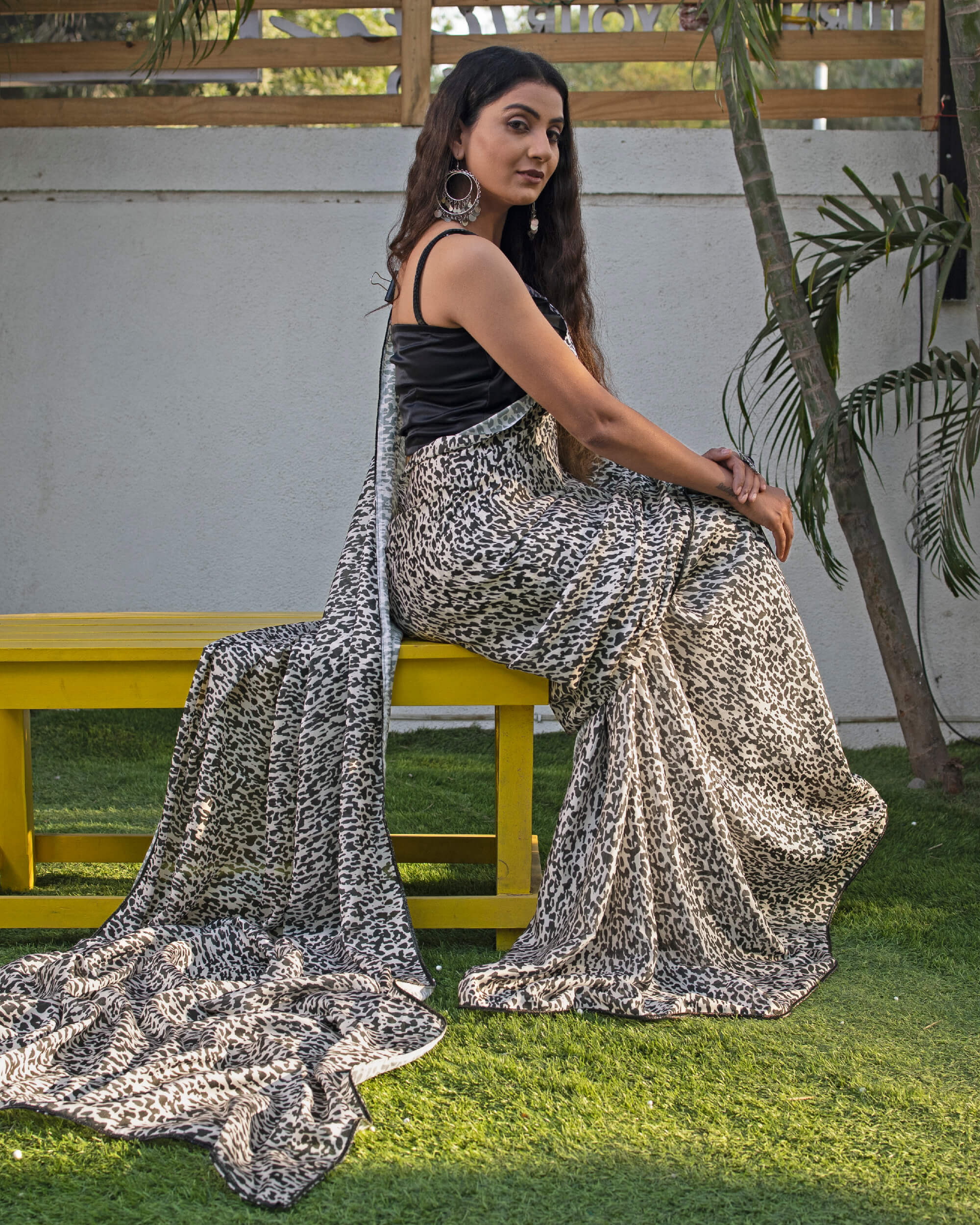 Brown printed satin saree with blouse - Grootinn - 3790339