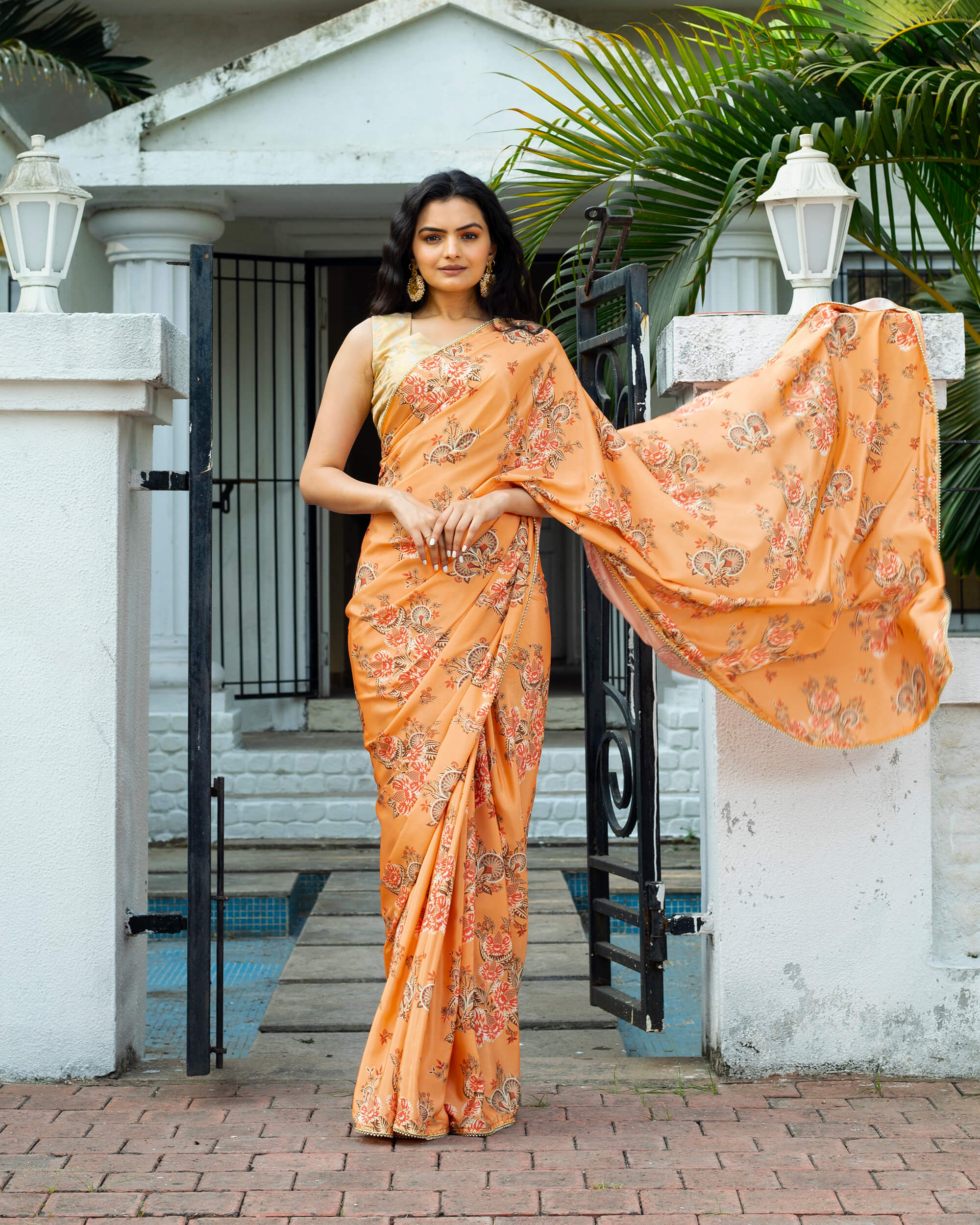 Orange Color Printed With Pearl Lace Border Georgette Saree – Looknbook Art