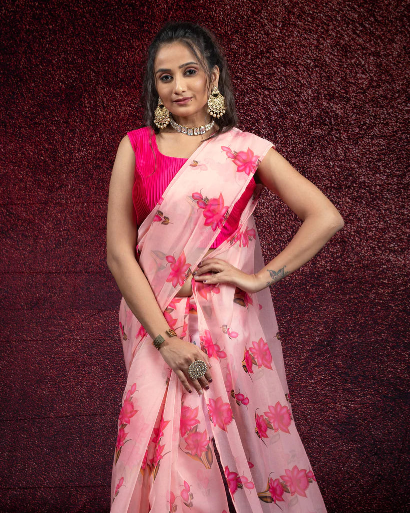 Blush Pink Saree in Organza Digital Floral Print - Clothsvil