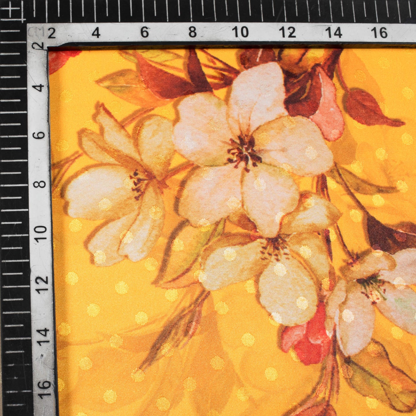 Yellow And Red Floral Pattern Digital Print Jacquard Booti Japan Satin Fabric (Width 58 Inches)