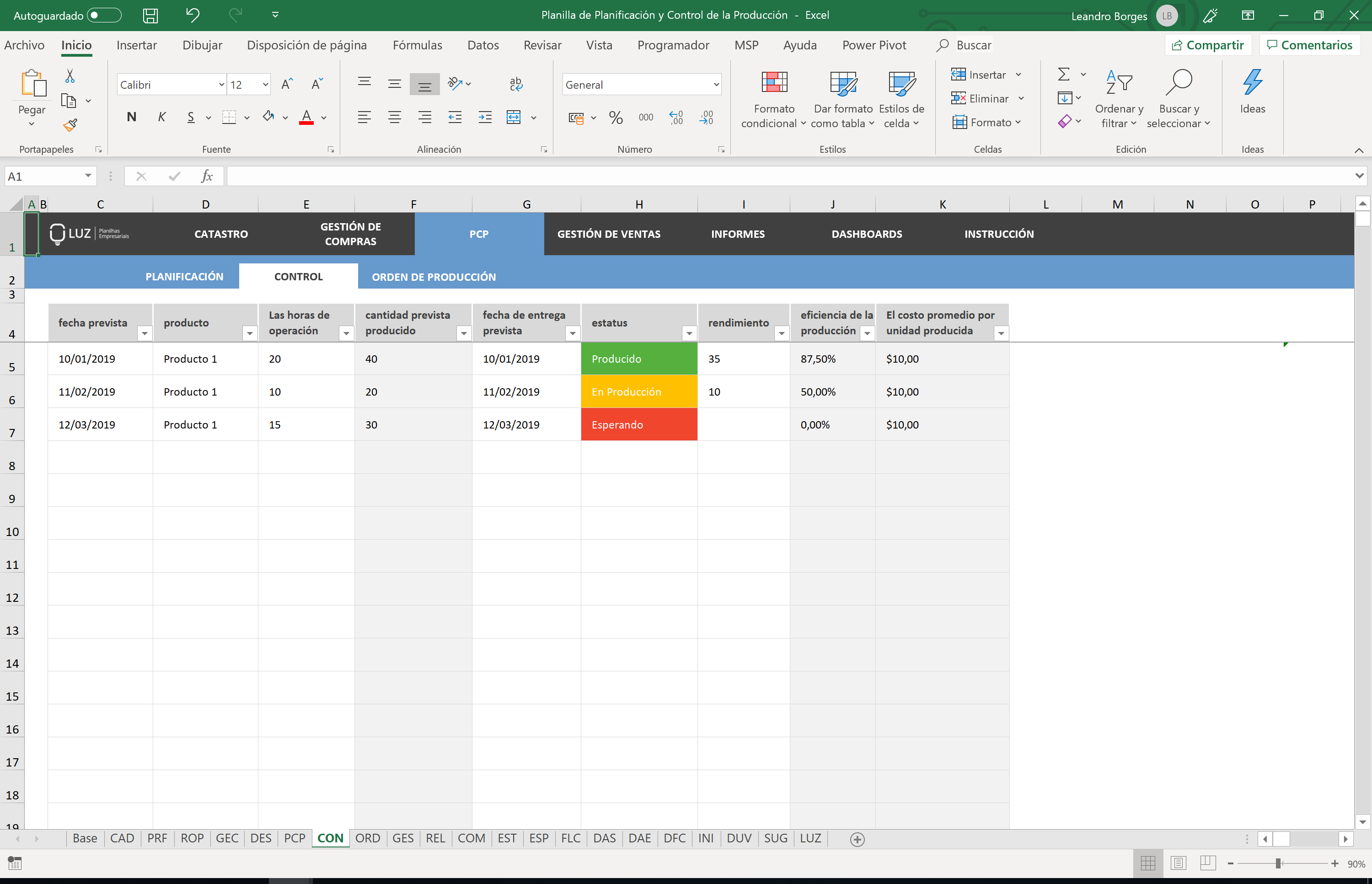 Plantilla de Planificación y Control de la Producción en Excel 