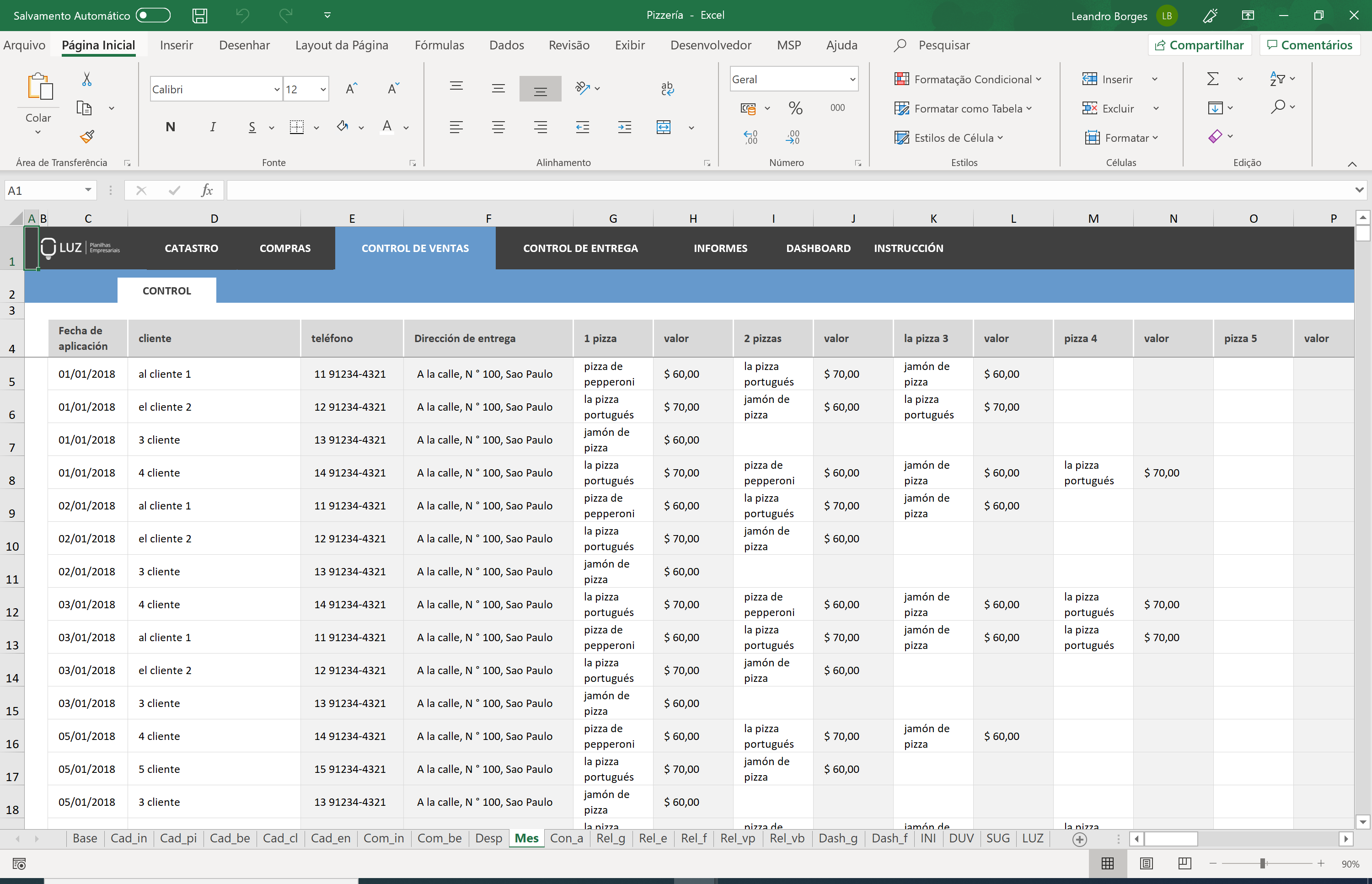 Planilla de Control de Pizzería Mensual en Excel 