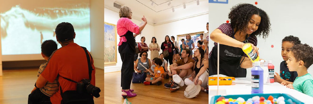 Three photos: on the left a parents and child looking at art, in the center a person giving a talk to a large group of people, and on the right a person pouring paint in an art workshop for two children