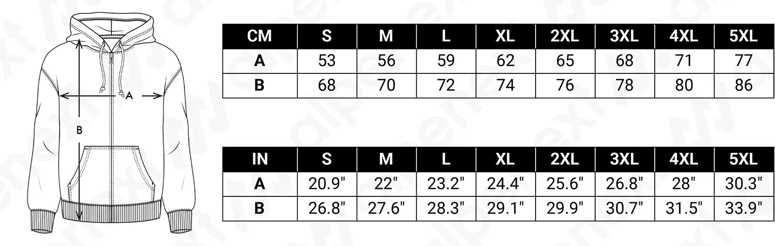 Size Chart Alpenext Sweat à capuche Zippé All-Over Unisexe