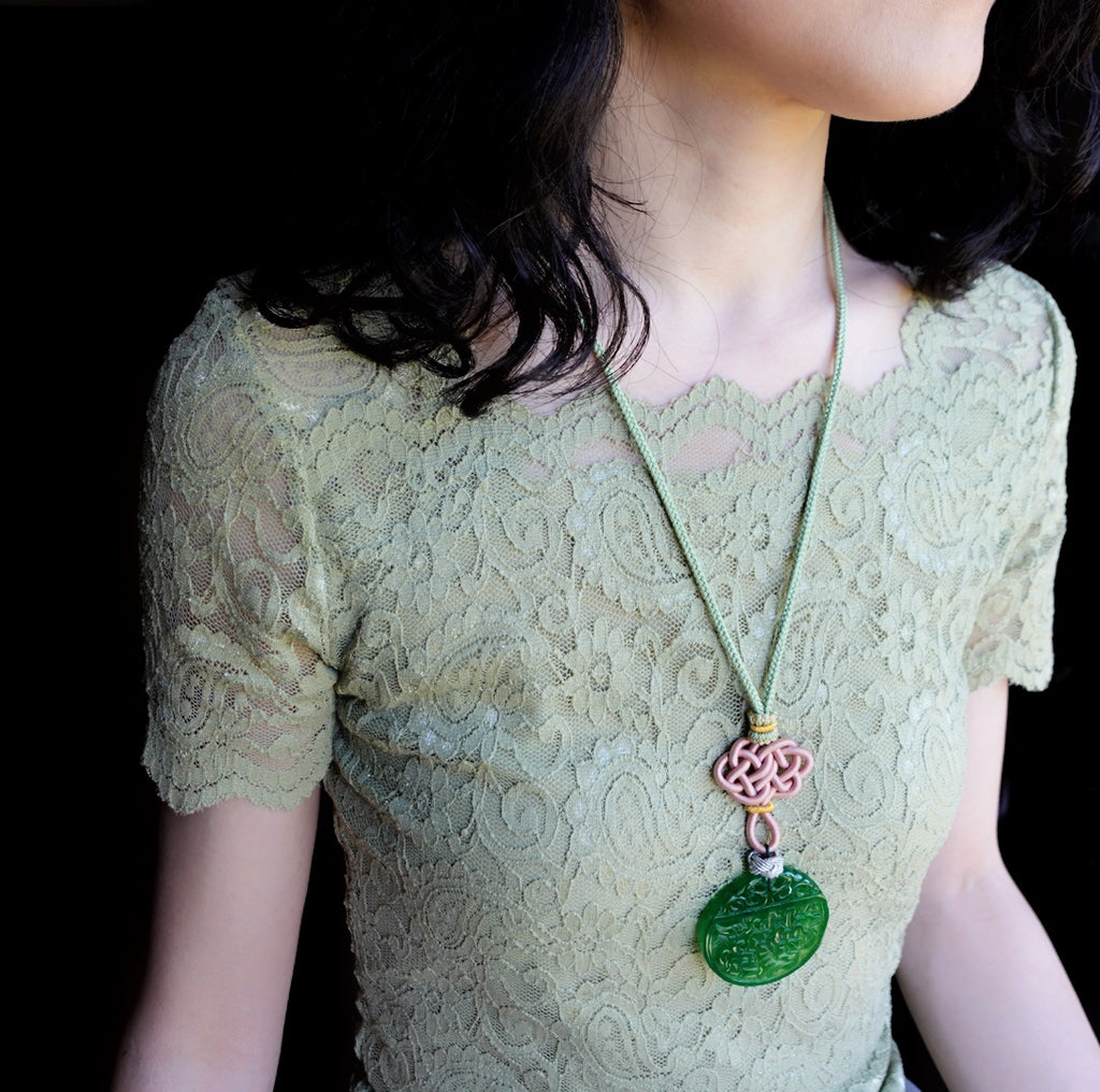 Green Jade Peony Pendant Necklace with Chinese Knot
