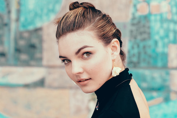 Camren Bicondova, the talented actress who plays Catwoman on Fox's show Gotham, wears Yun Boutique Chiffon Rose Earrings in her latest photoshoot.