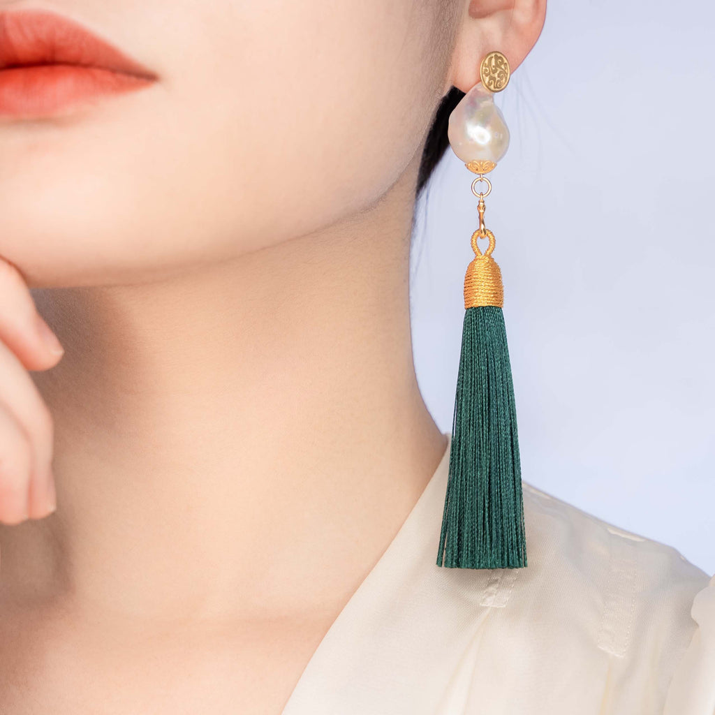 Large Baroque Pearl Deep Green Silk Tassel Earrings
