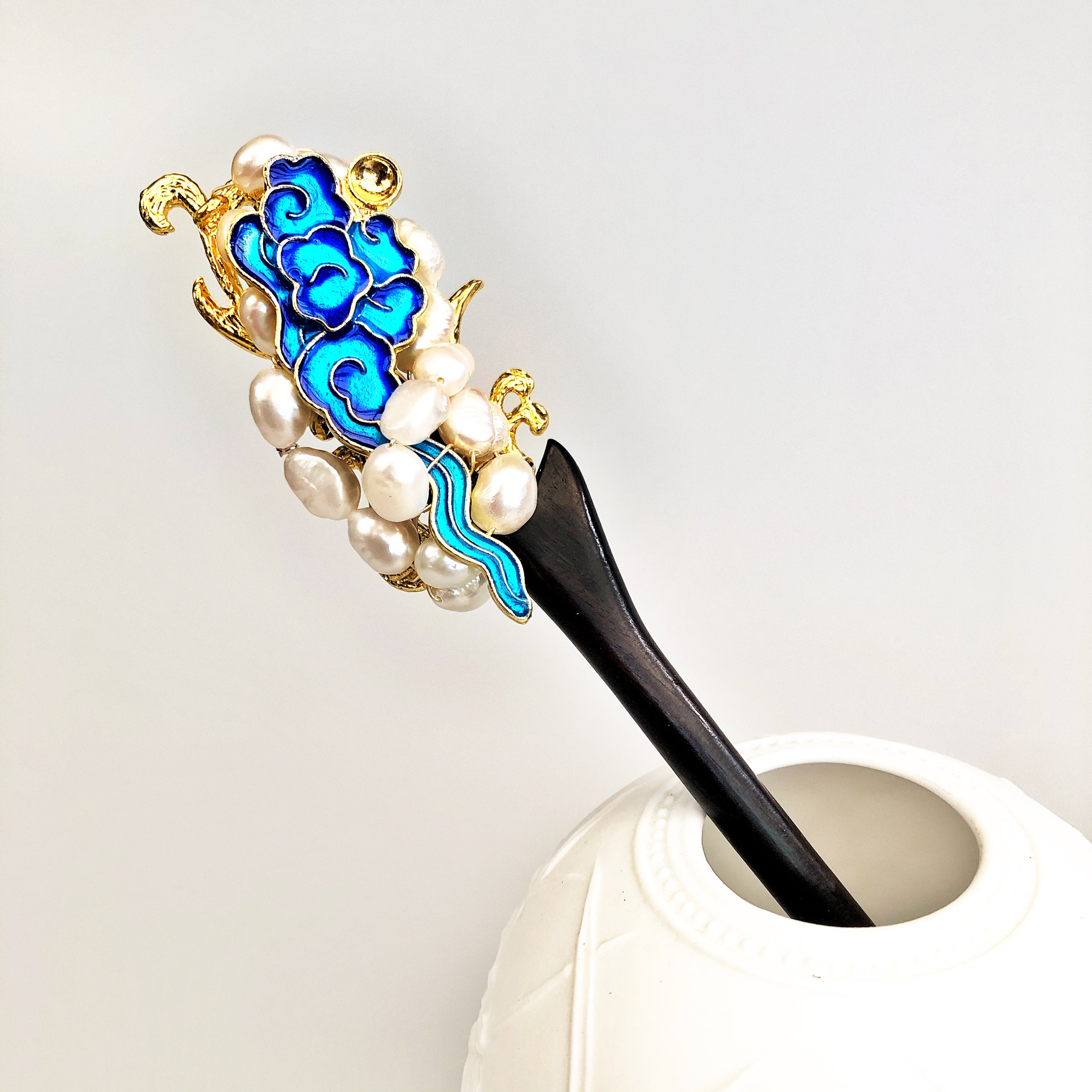 Auspicious Baroque Pearl Enamel Wood Hair Stick