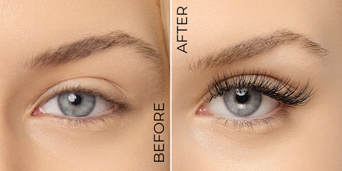 A before and after shot of a woman's eyes; one on the left without classic eyelash extensions, and one on the right with classic eyelash extensions. 