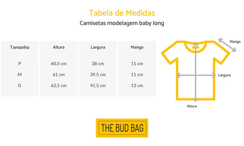 tabela de medidas camisetas bud bag baby long