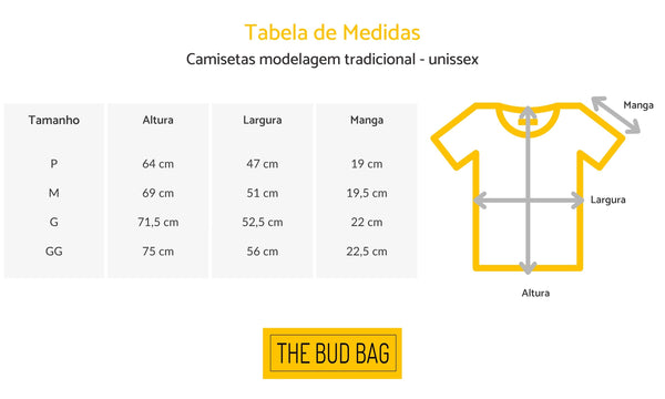 tabela de medidas camisetas bud bag