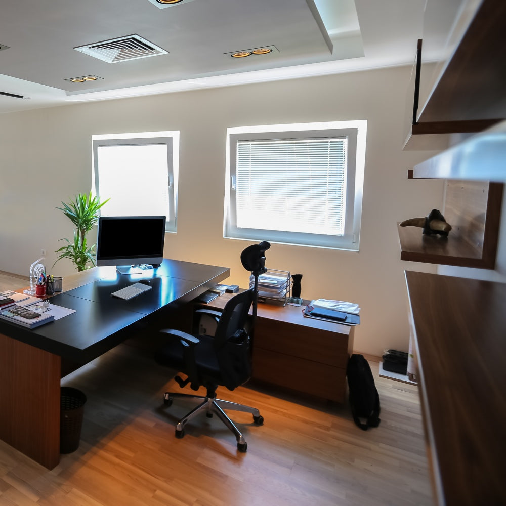 Engineered wood flooring installed in a home office