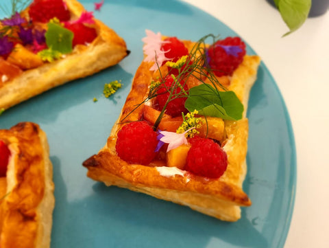 Puff pastry, Velvet Cloud soft cheese labneh, and fresh raspberries