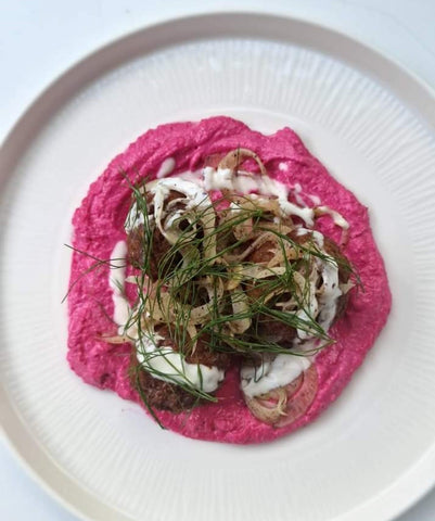  Bharat spice lamb meatballs with a Velvet Cloud beetroot labneh