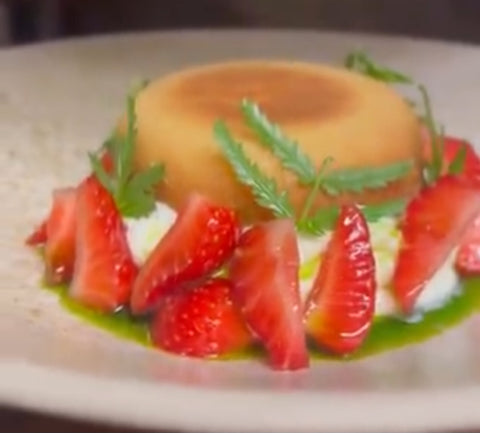 Rum baba, sheep yogurt, macerated strawberries, fig leaf oil – by Darog Wine Bar - Galway