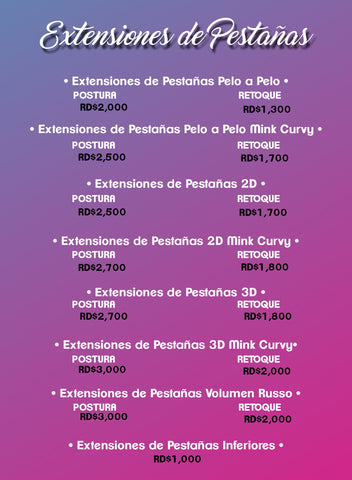 Lista de Precios Regular de las Extensiones de Pestañas