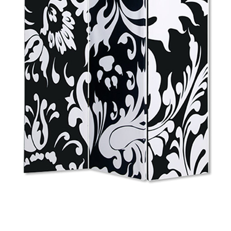 3 Panel Foldable Room Divider with Filigree Design, Black and White