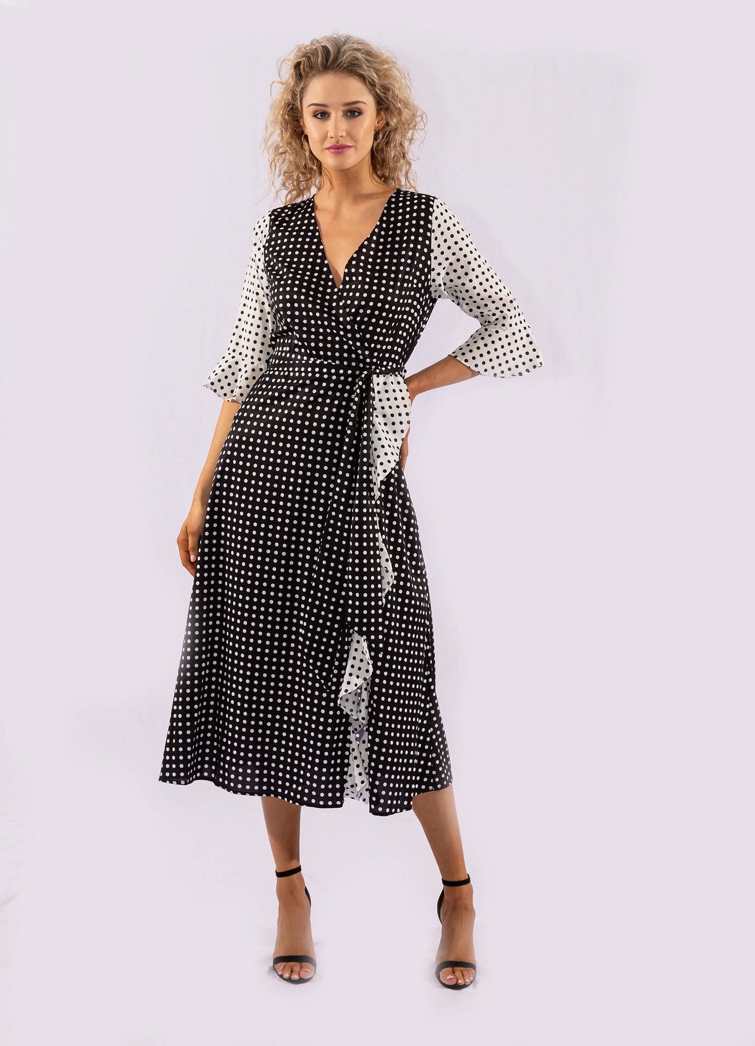 black and white spotted wrap dress