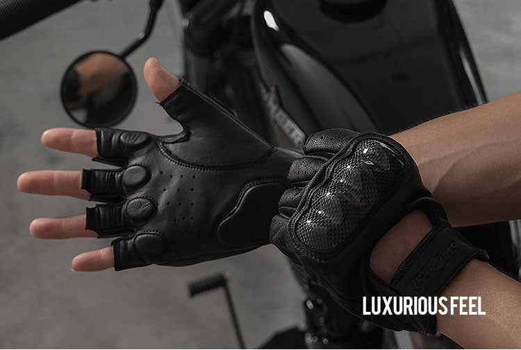 IRONJIAS Black Comfortable Fingerless Leather Gloves