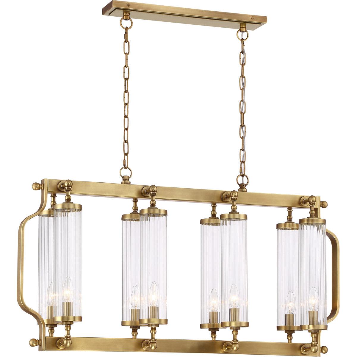 Aged Brass Frame with Clear Ribbed Cylindrical Glass Shade Linear Chandelier - LV LIGHTING