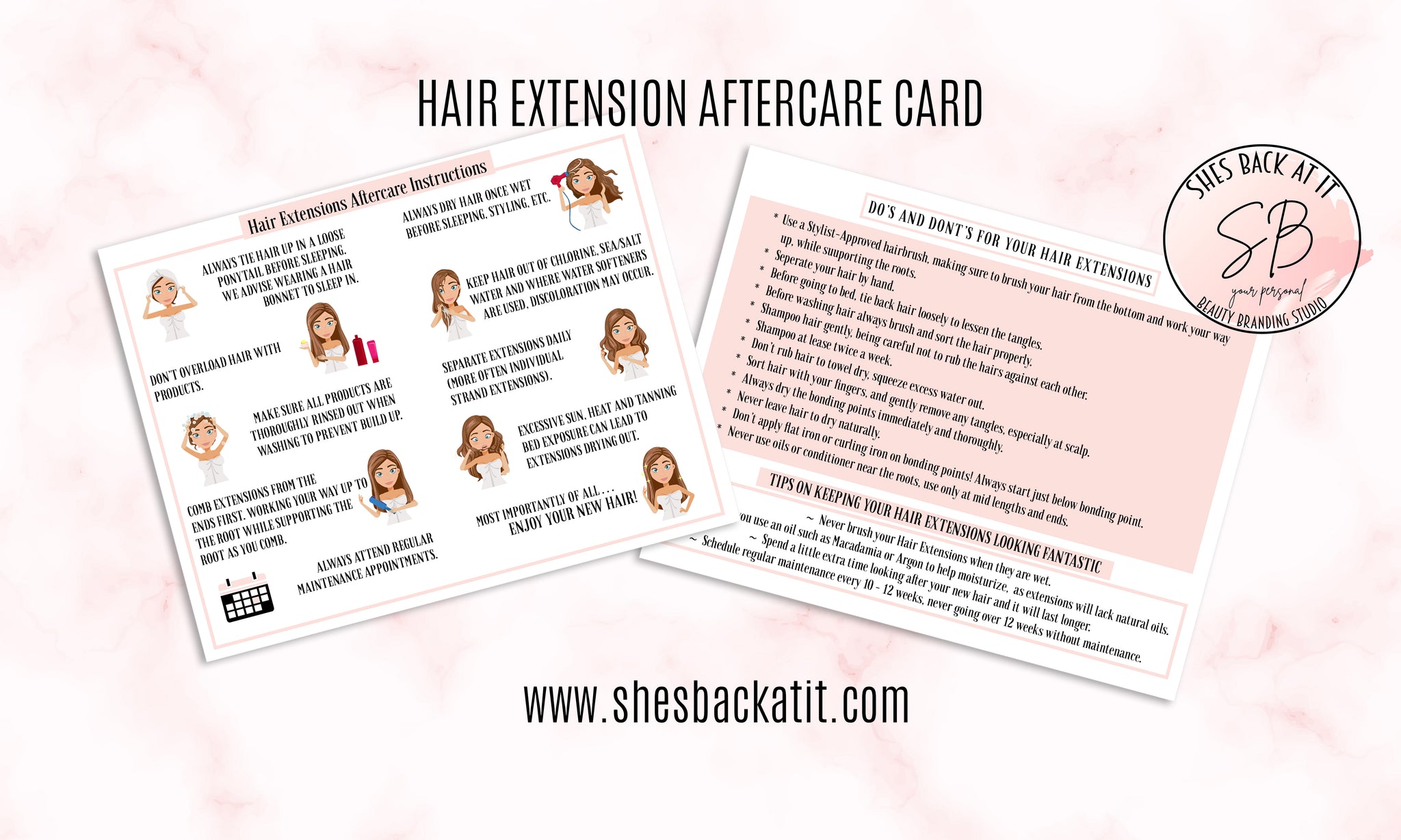 Hair Extensions Aftercare Card ShesBackAtIt Printable Spa Salon