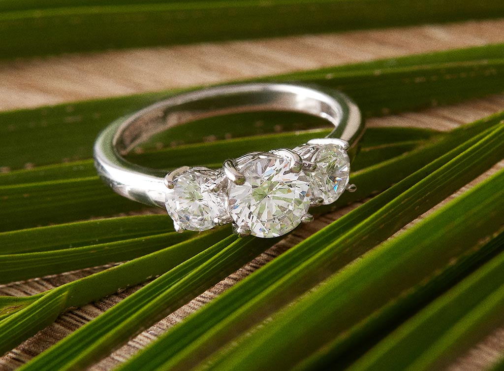 Lab grown diamond three stone engagement ring