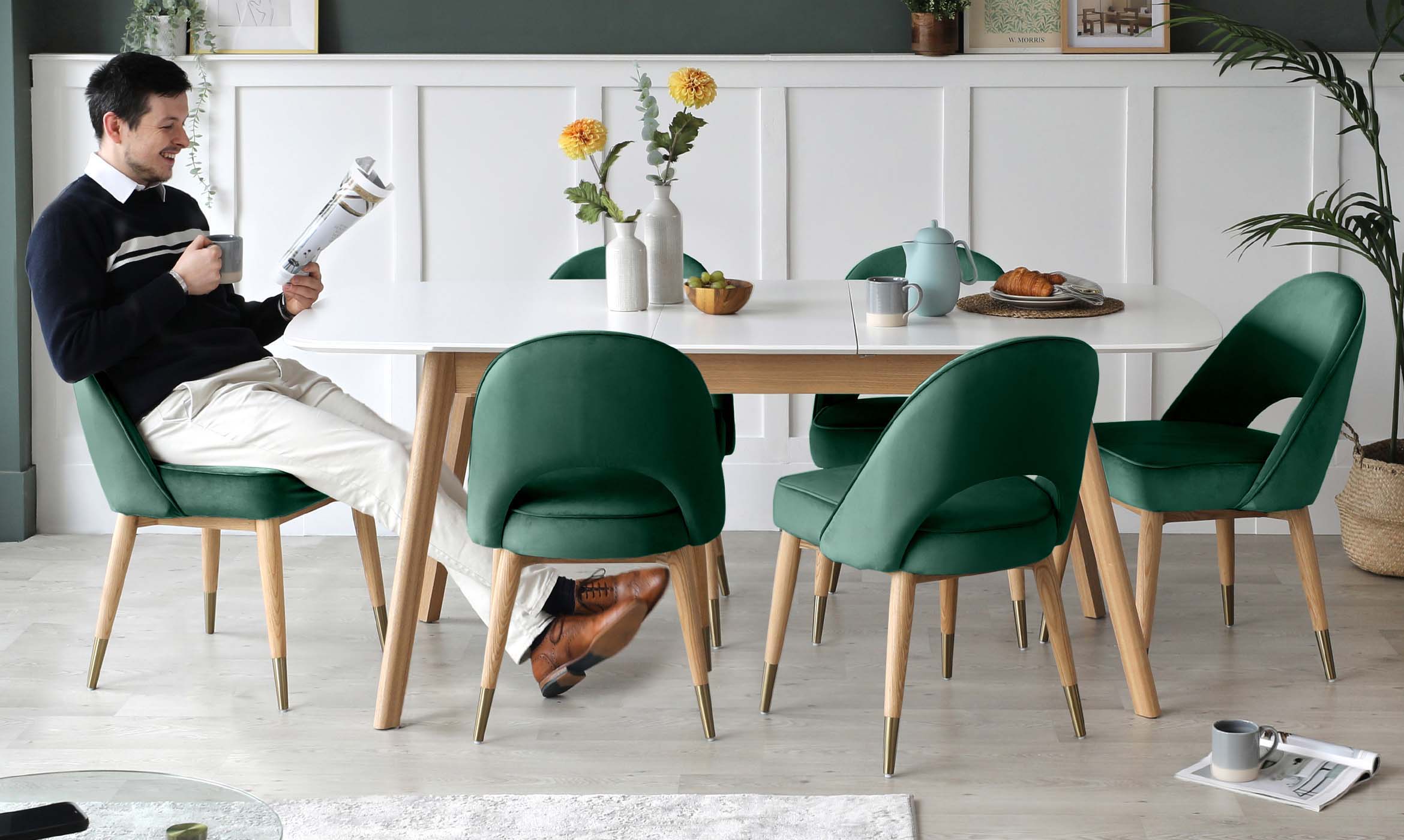 Clover Dark Green Velvet Dining Chair with Light Wood Leg