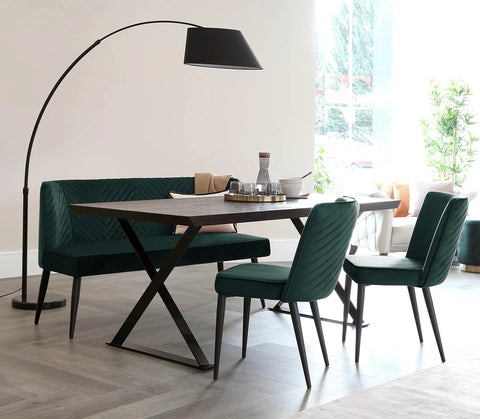 Serena Dark Green Dining Chairs and Bench at Nala Oak Large Dining Table
