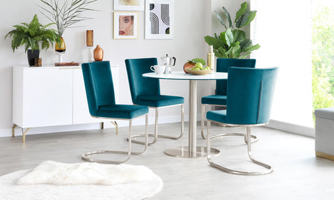 A hard wearing and scratchproof table paired with plush velvet dining chairs - the Romeo and Form set is perfect for switching from every day dining to Friday night with friends.