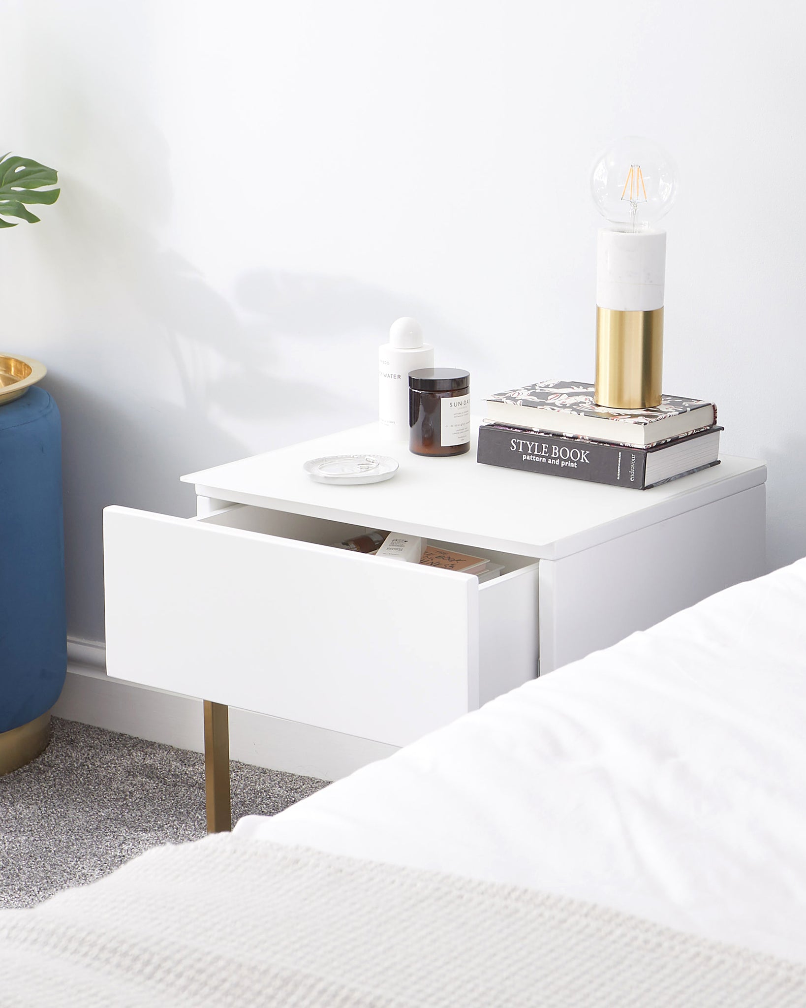 White Single Drawer Bedside Table White & Brass Side Table
