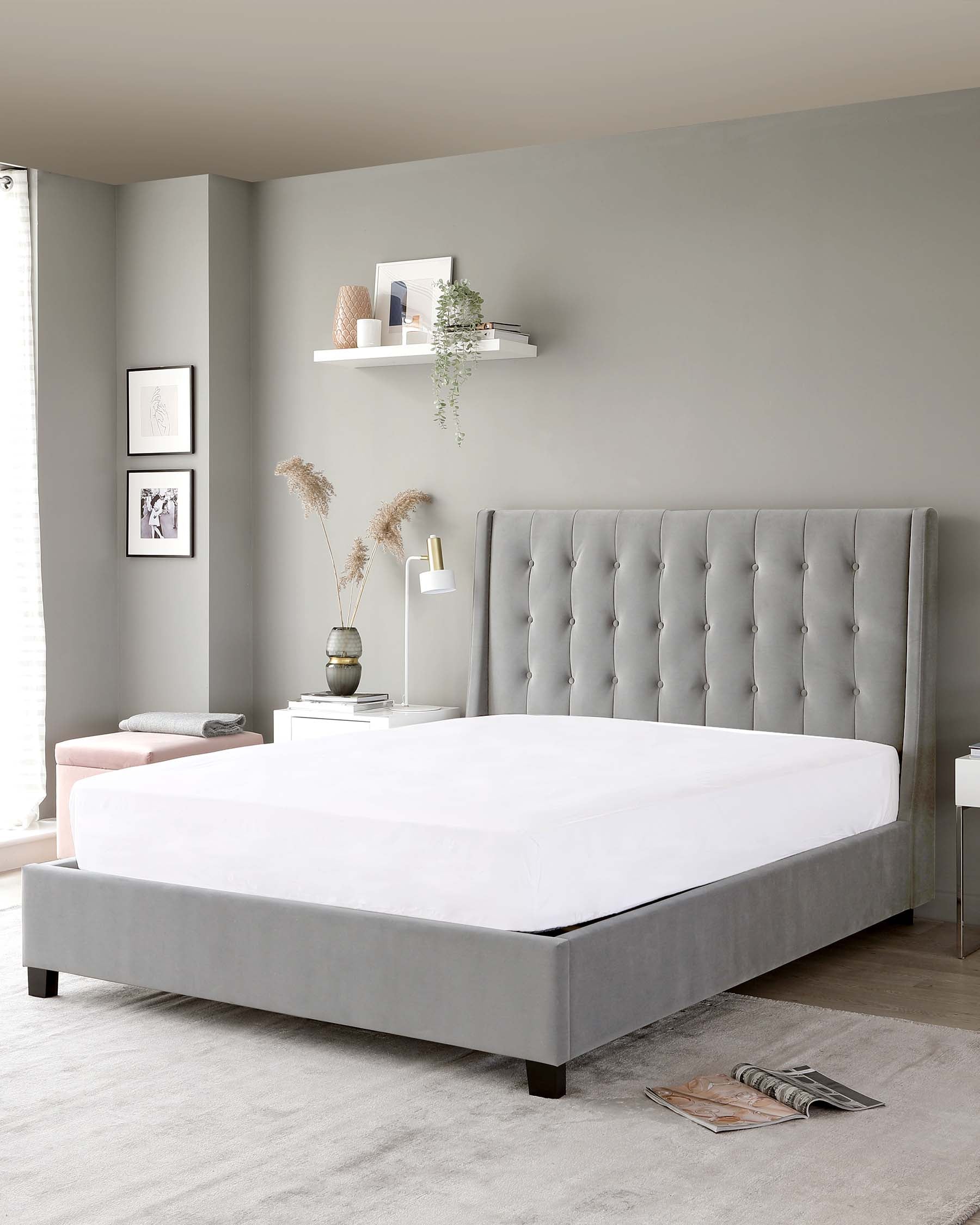 Light grey bedroom with shop white furniture