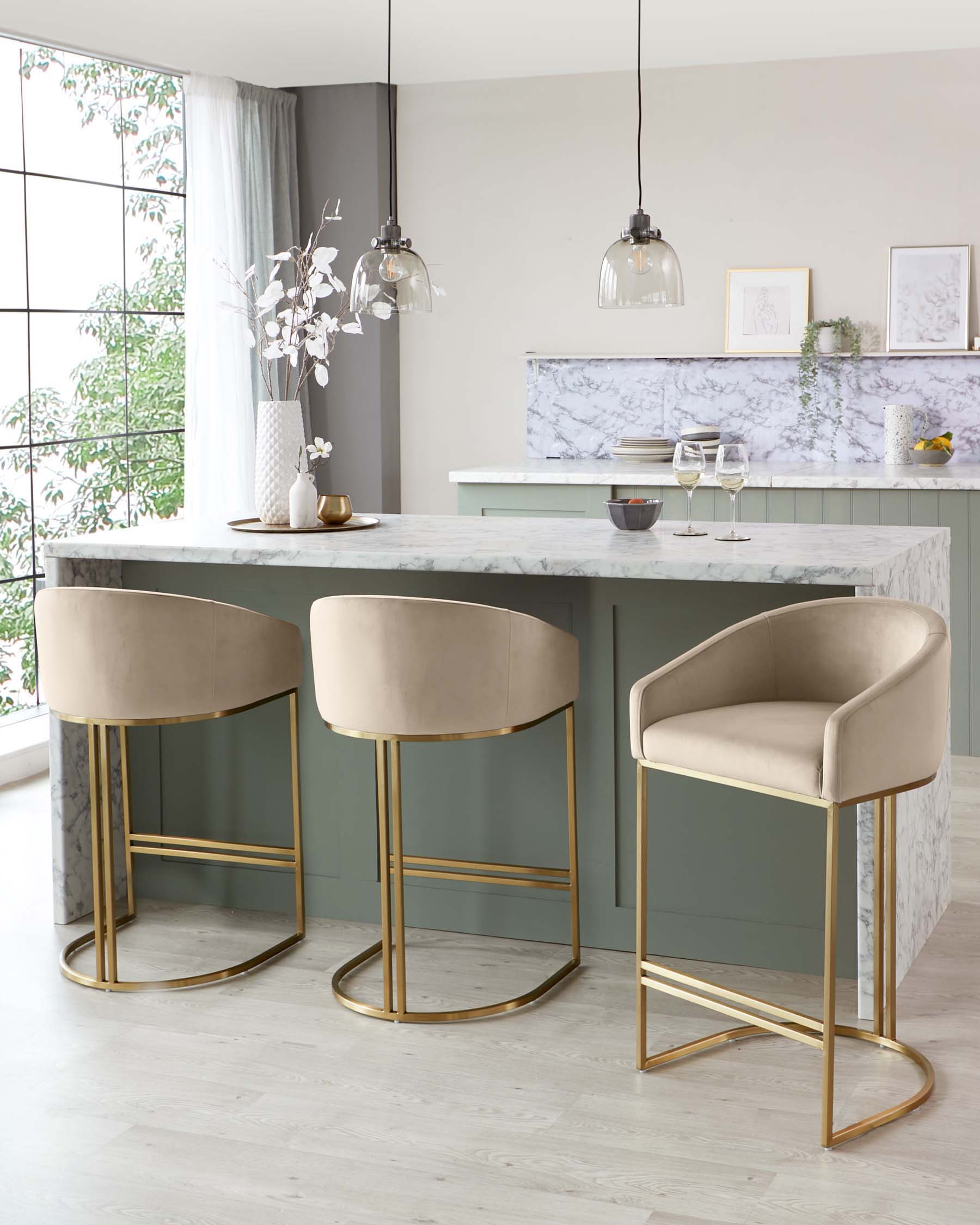 Dakota Champagne and Brass Statement Velvet Bar Stool by Danetti