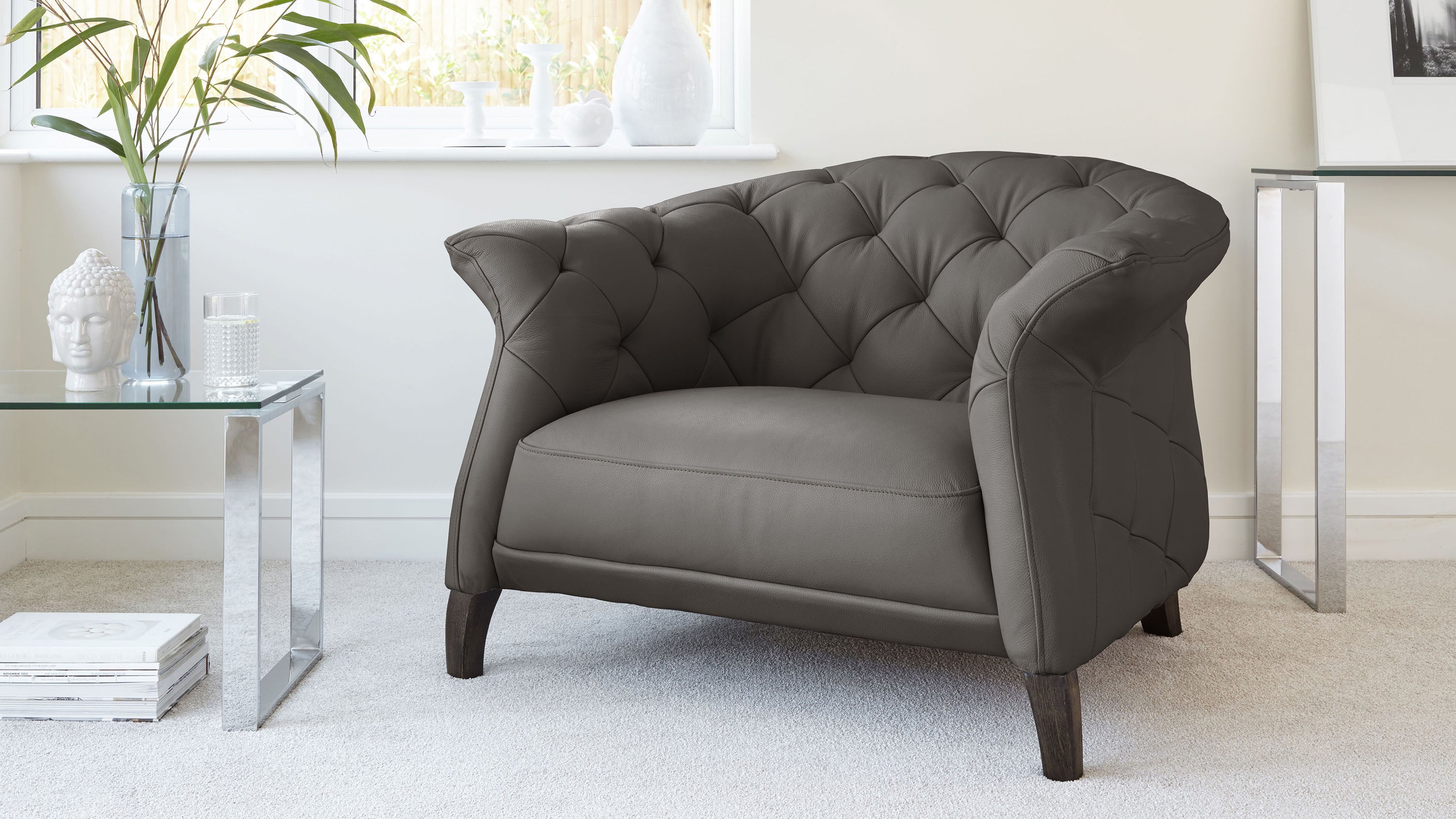 Luxe Dark Grey Real Leather And Dark Wood Leg Armchair