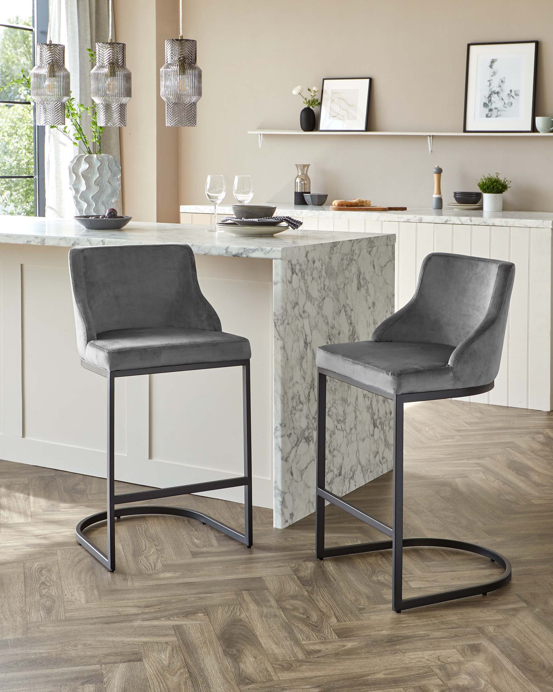 Form Dark Grey Velvet Barstool With Black Frame Danetti