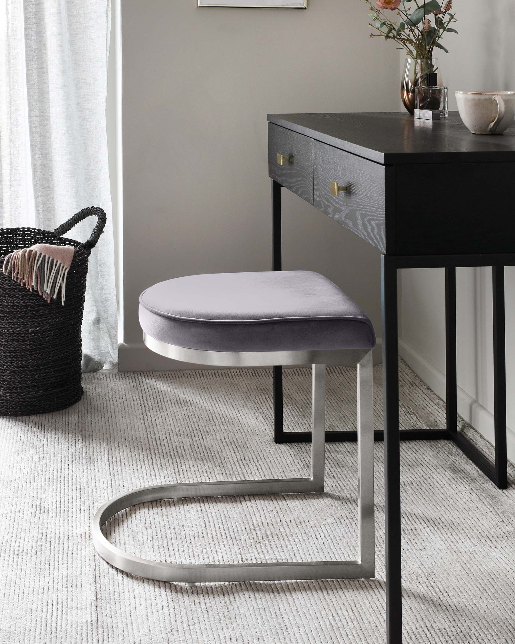 Form Dark Grey Velvet And Stainless Steel Stool Danetti