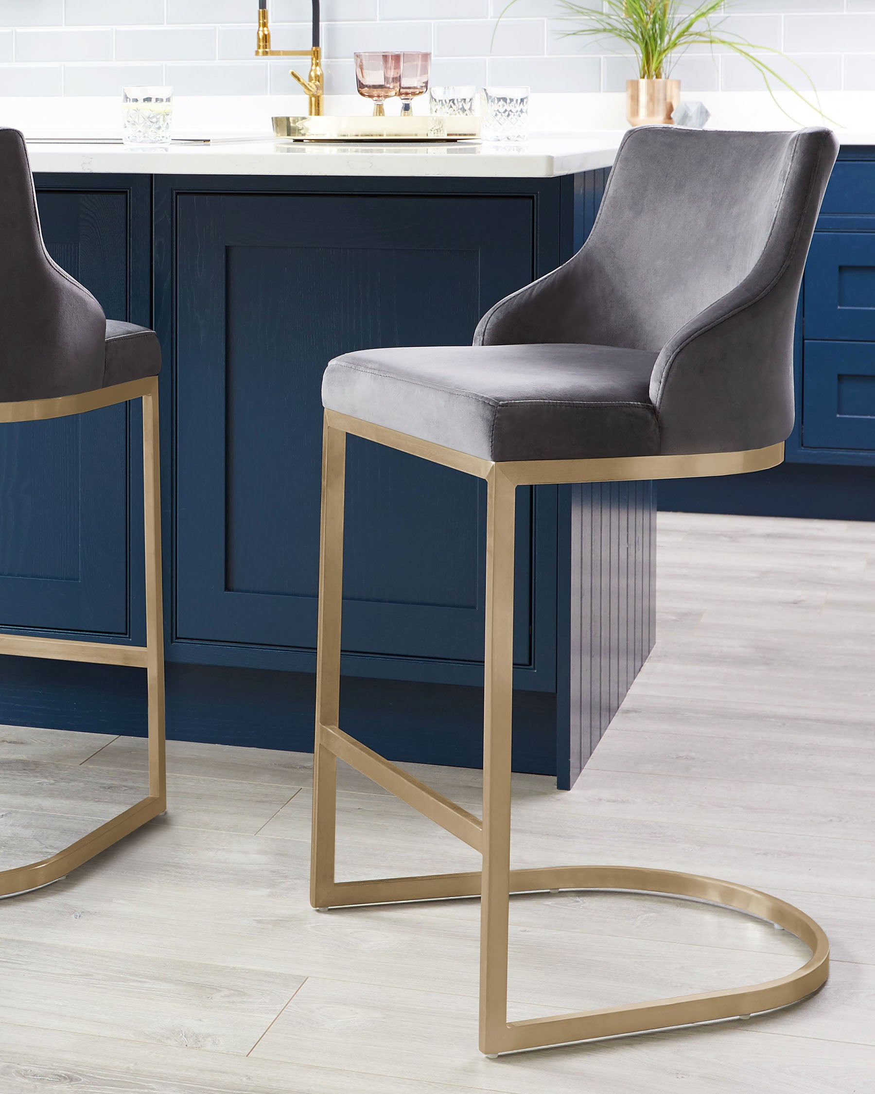 form grey velvet and brass bar stool with backrest  danetti