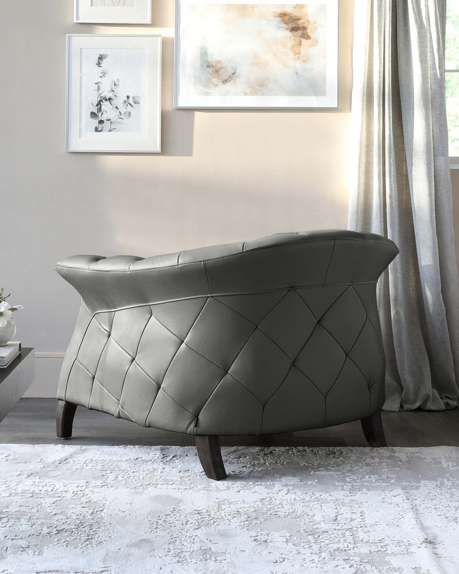 Luxe Dark Grey Real Leather And Dark Wood Leg Armchair